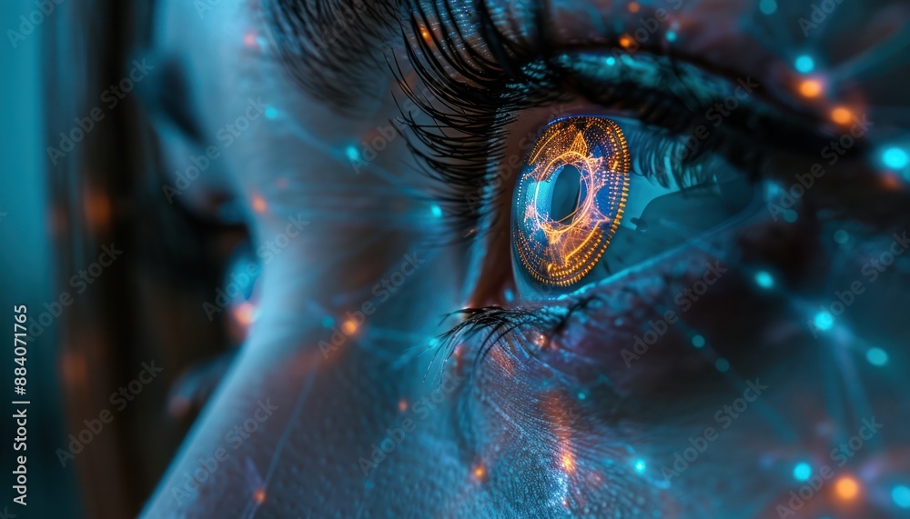 The Optical Biometrics Eye Futuristic Cyberspace Technology Neural Network with Beautiful Colors Scan