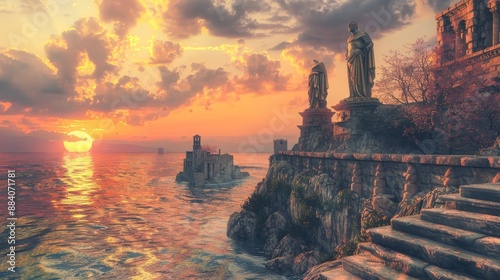 Realistic sunset photo of colossus of rhodes by the sea in ancient greek cityscape