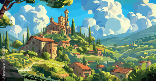 Pienza Tuscany Landscape Adventure Mobile Game Level Cartoon Illustration Architecture Scenery Environment Design Decorative Elements Game Interface UI Digital Art Vector Graphics