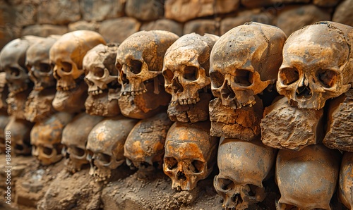 In a gruesome display, a macabre stack of human skulls lay piled high. photo