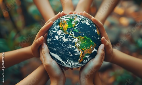 Fototapeta Naklejka Na Ścianę i Meble -  Multiple hands holding a planet Earth globe above their heads to save the planet.