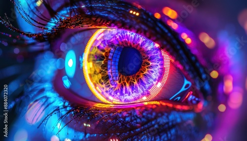 The Optical Biometrics Eye Futuristic Cyberspace Technology Neural Network with Beautiful Colors Scan