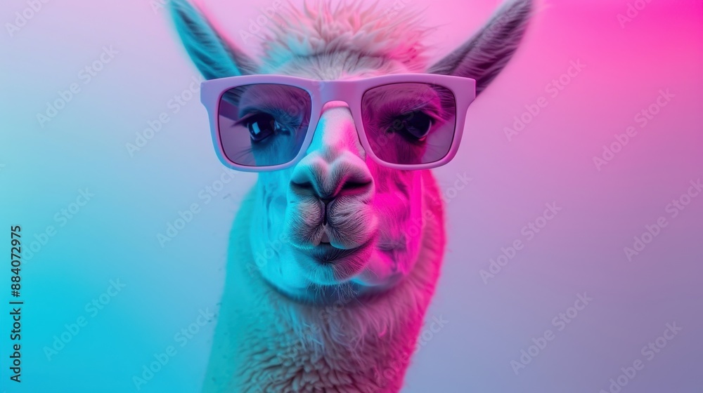 A camel wearing sunglasses and a pink and blue background A camel wearing sunglasses and a pink and blue background