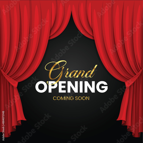 Realistic grand opening invitation banner with red curtains