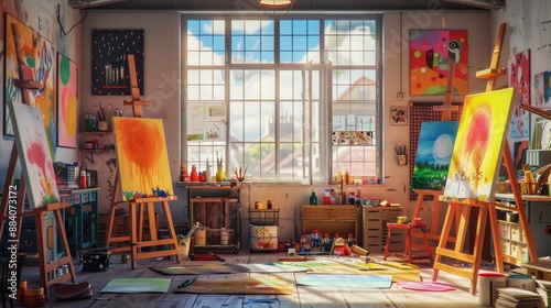 A vibrant art studio with easels, canvases, paint supplies, a large window for natural light, and walls adorned with colorful works-in-progress.