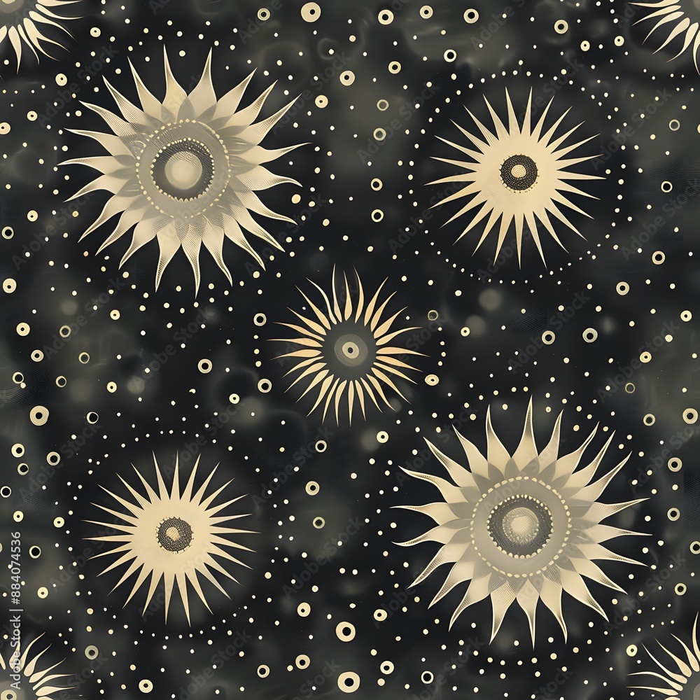 A black and gold background with a pattern of stars and suns. The pattern is very intricate and detailed A black and gold background with a pattern of stars and suns. The pattern is very intricate and detailed