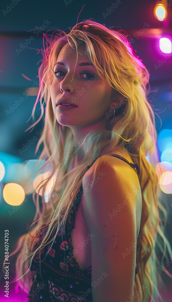 Young blonde woman enjoys vibrant beach party at colorful summer techno festival with laser lights Young blonde woman enjoys vibrant beach party at colorful summer techno festival with laser lights