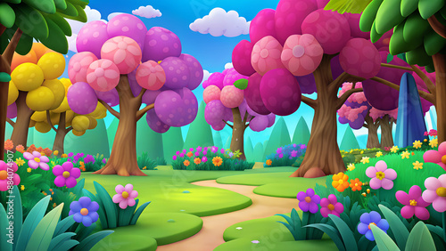 A serene forest landscape with vibrant trees, flowers, and a winding, scenic path. for video game background