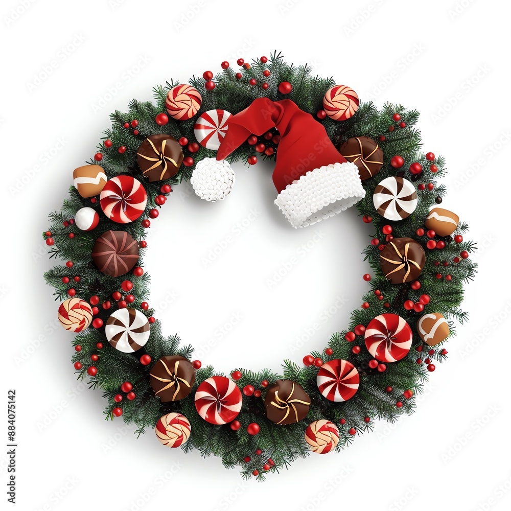 Holiday wreath, Santa hat, surrounded by sweets, cartoon style, vivid colors, isolated on white background, focus cover all object, deep depth of field, no blur, Holiday wreath, Santa hat, surrounded by sweets, cartoon style, vivid colors, isolated on white background, focus cover all object, deep depth of field, no blur,