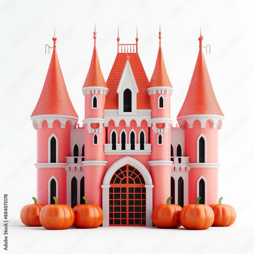 Fototapeta premium Magic castles, elaborate costumes, giant pumpkins, 3D illustration, vibrant colors, isolated on white background, focus cover all object, deep depth of field, no blur,