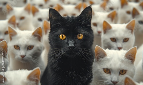 A black cat stands out from the crowd, standing in front of a group of white cats.