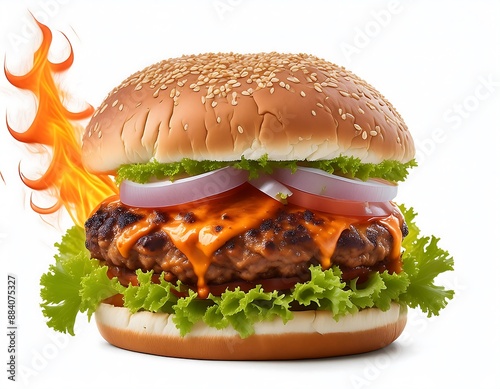 Photo of spicy burger with flames illustrating depicting its spicy taste, design element. photo