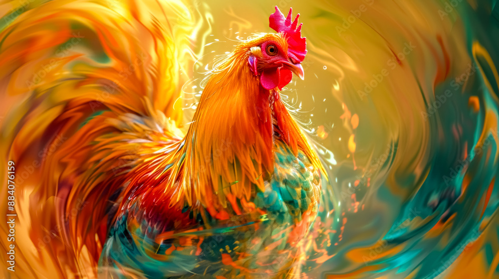 Fototapeta premium Colorful rooster posing with abstract swirl background