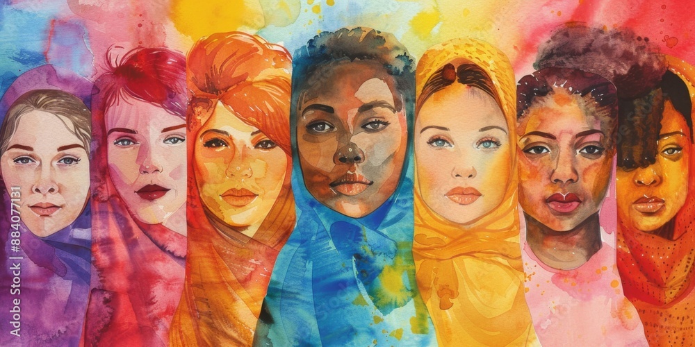 Fototapeta premium Smiling Multiracial and Multiethnic Female Colleagues Celebrating Women's Equality Day and International Women's Day, Embracing Diversity, Equity, Inclusion, and Belonging Through LGBTQ+ Unity and Emp