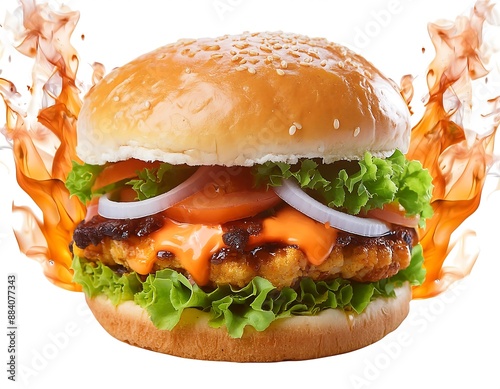 Photo illustrating a spicy burger with flames depicting its spicy taste, design element. photo