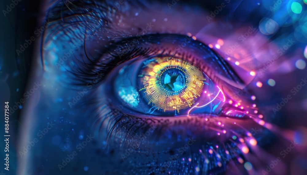 The Optical Biometrics Eye Futuristic Cyberspace Technology Neural Network with Beautiful Colors Scan The Optical Biometrics Eye Futuristic Cyberspace Technology Neural Network with Beautiful Colors Scan