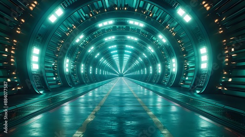 A long tunnel with neon lights and a dark blue color. The tunnel is empty and has no people or objects inside. Scene is eerie and mysterious, as the tunnel seems to go on forever with no end in sight