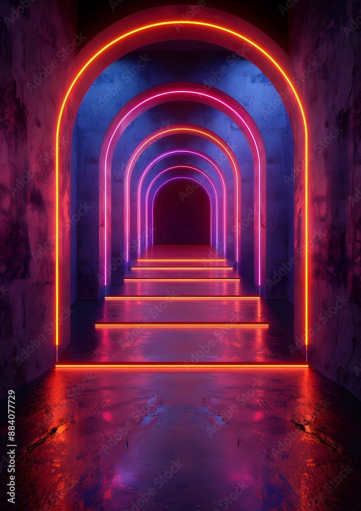 Fototapeta premium A neon lighted tunnel with red and blue lights. The tunnel is long and narrow
