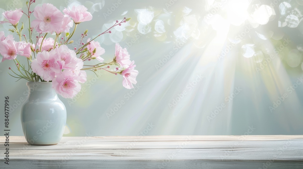 A vase of pink flowers sits on a wooden table A vase of pink flowers sits on a wooden table