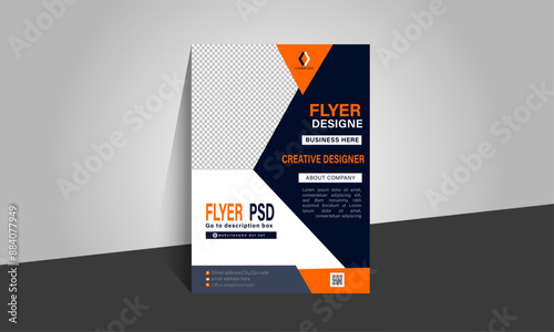 Creative corporate flyer design. A business flyer template which have deep blue and orange color  combination. Vector flyer design. Contact icon r given there.  Designer flyer with geometric shape.