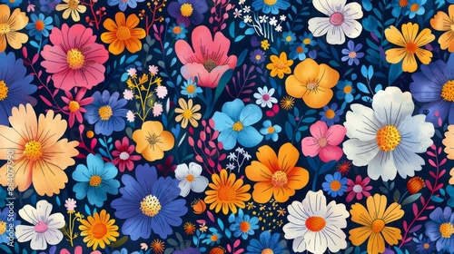 Wallpaper Mural Whimsical and colorful floral pattern with a dark background Torontodigital.ca