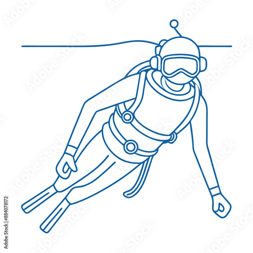 scuba diver line art vector illustration, isolated on a white background 