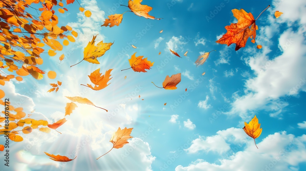 colorful autumn leaves flying against blue sunny sky colorful autumn leaves flying against blue sunny sky