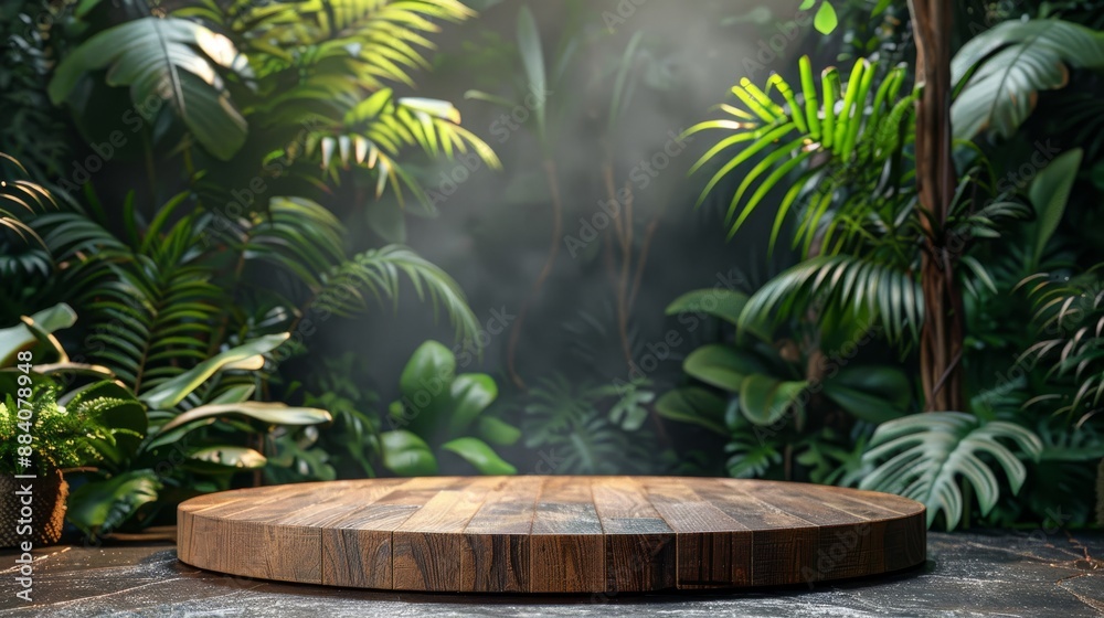 Wooden platform in a lush tropical jungle setting with vibrant green foliage and soft sunlight filtering through the leaves