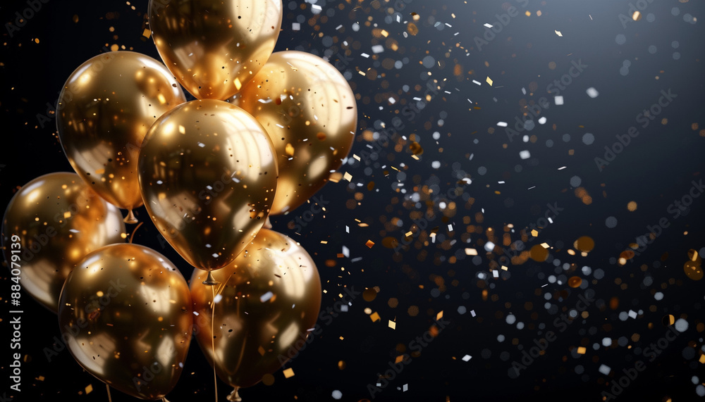Luxurious golden balloons and sparkling confetti on a black background, perfect for celebrating special occasions in a stylish manner Luxurious golden balloons and sparkling confetti on a black background, perfect for celebrating special occasions in a stylish manner