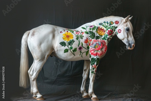 White horse painted with colorful flowers. Sideview full body.