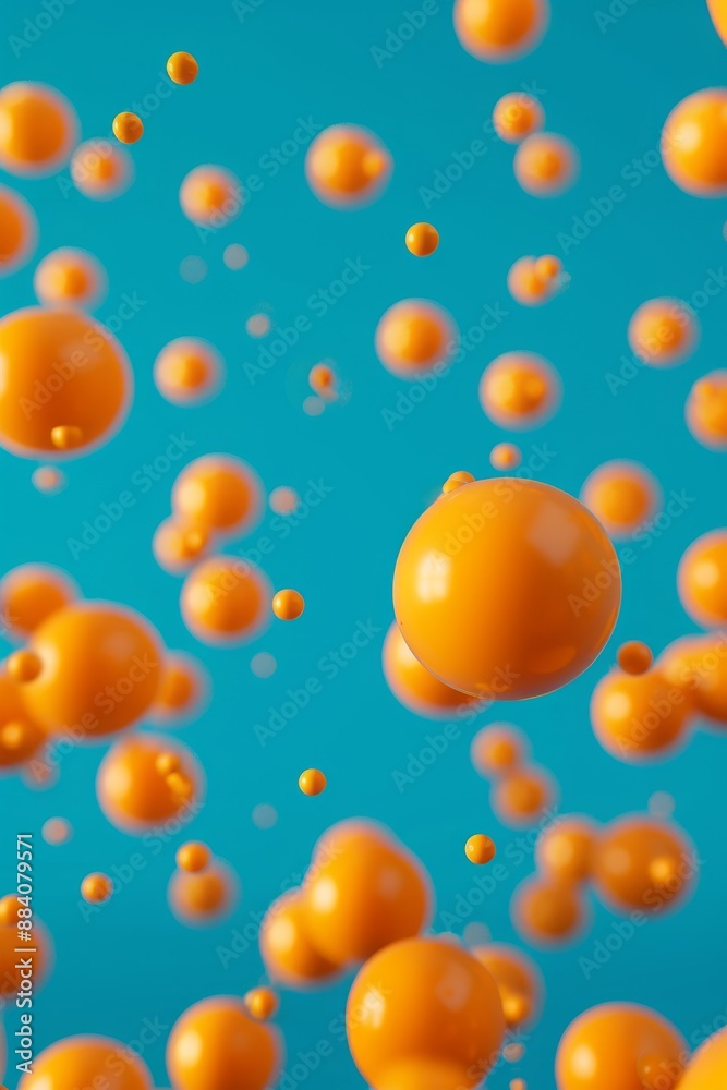 Ultra sharp photo of 3D render with falling orange balls against vibrant blue background Ultra sharp photo of 3D render with falling orange balls against vibrant blue background