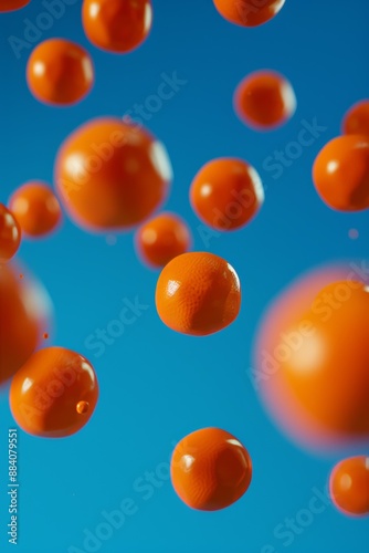 Ultra sharp photo of 3D render with falling orange balls against vibrant blue background