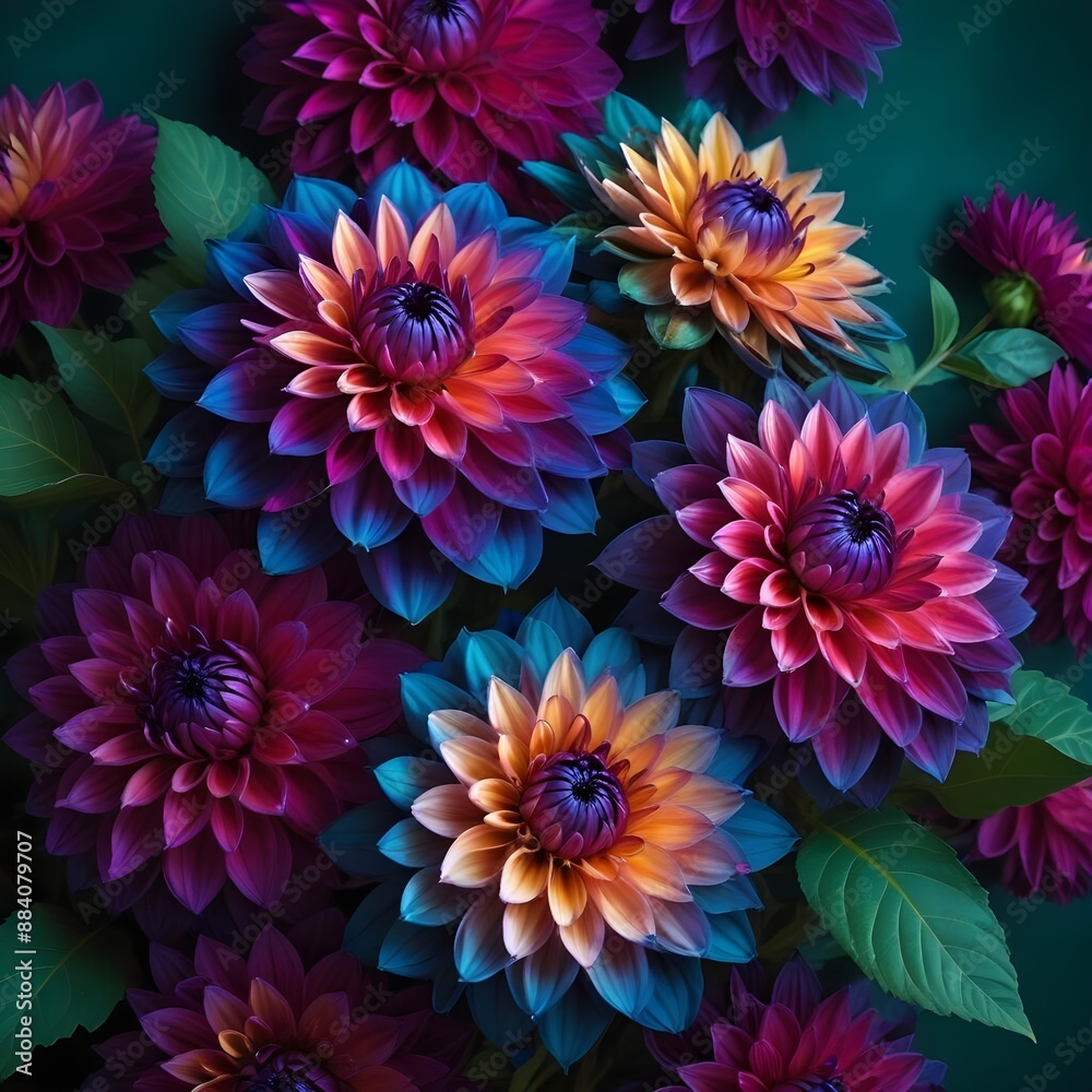 Breathtaking bouquet of resplendent peacock dahlias in a captivating array of vibrant, iridescent hues and lush, verdant foliage Breathtaking bouquet of resplendent peacock dahlias in a captivating array of vibrant, iridescent hues and lush, verdant foliage