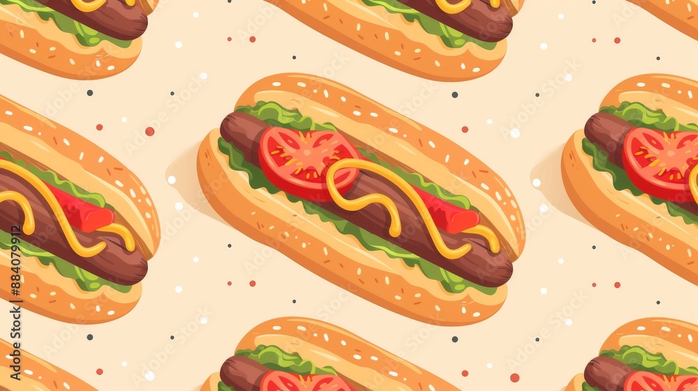 Seamless pattern of hotdogs with mustard lettuce and tomatoes Seamless pattern of hotdogs with mustard lettuce and tomatoes