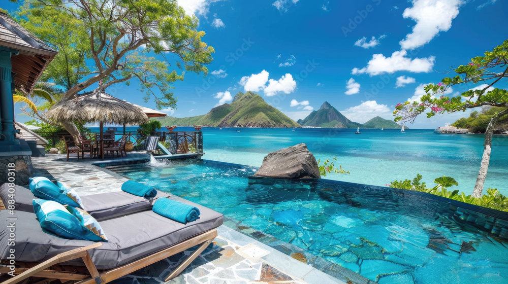 An infinity pool overlooking a calm, turquoise ocean and lush green mountains in the Caribbean An infinity pool overlooking a calm, turquoise ocean and lush green mountains in the Caribbean