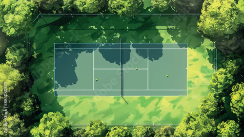 Tennis Court Top View Cartoon Game Level Illustration Green Grass Background Sports Recreation Activity Playing Field Court Surface Grass Texture Digital Art Vector Graphics
