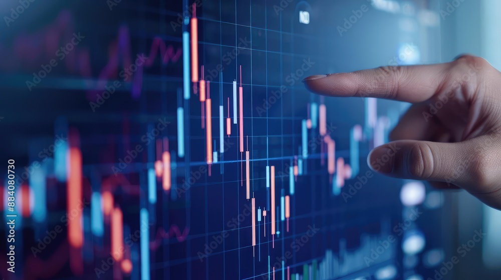 Investor pointing at rising stock charts on virtual screen, bullish trend, portfolio growth Investor pointing at rising stock charts on virtual screen, bullish trend, portfolio growth