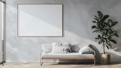 Elegant blank wall frame mockup on a light grey wall, perfect for displaying modern and abstract art.