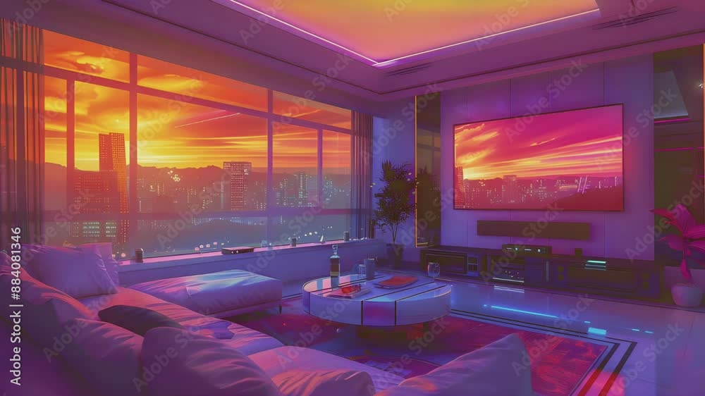 A cyberpunk apartment living room with large windows overlooking the city at sunset, with purple and pink hues, futuristic furniture and smart home technology, in a high resolution style. A cyberpunk apartment living room with large windows overlooking the city at sunset, with purple and pink hues, futuristic furniture and smart home technology, in a high resolution style.