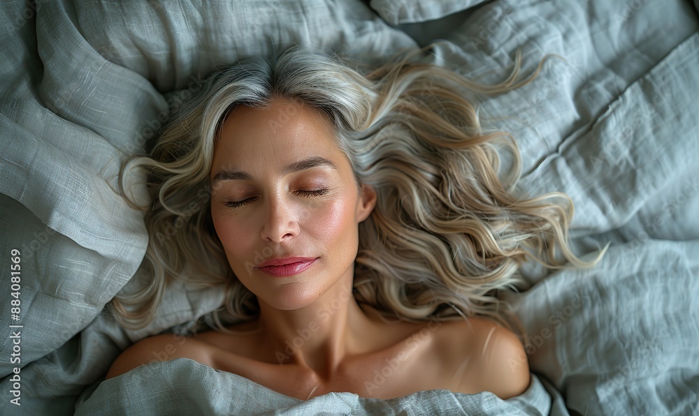 A beautiful middle-aged woman sleeps in her bed, seen from directly above. A beautiful middle-aged woman sleeps in her bed, seen from directly above.