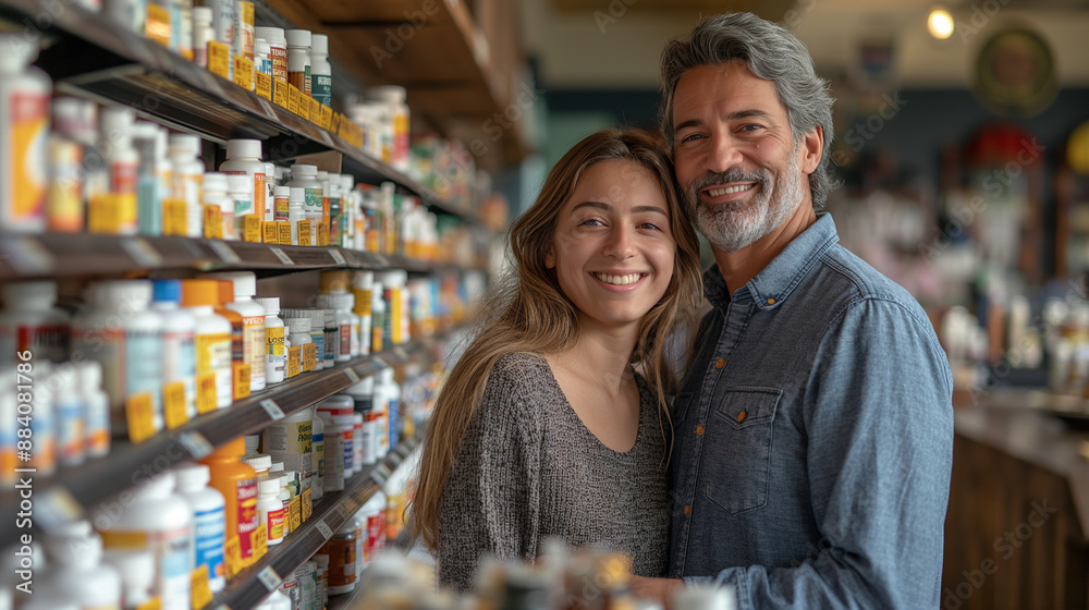 A telephoto angle photo of parents and their college-aged children at a pharmacy or wellness store, selecting vitamins and health products, with copy space A telephoto angle photo of parents and their college-aged children at a pharmacy or wellness store, selecting vitamins and health products, with copy space