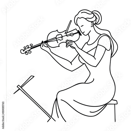 woman playing a violin. line art vector illustration  