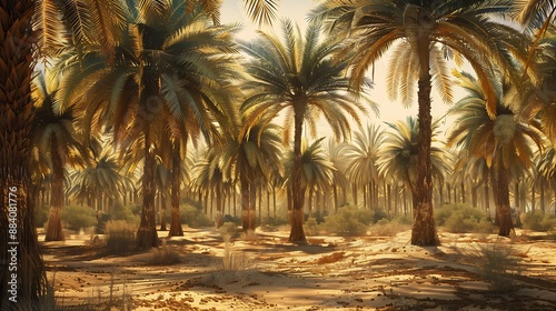 palm trees with golden light Oasis desert background. AI generated photo