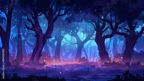 Mystical purple forest with glowing pink mushrooms and blue fireflies photo