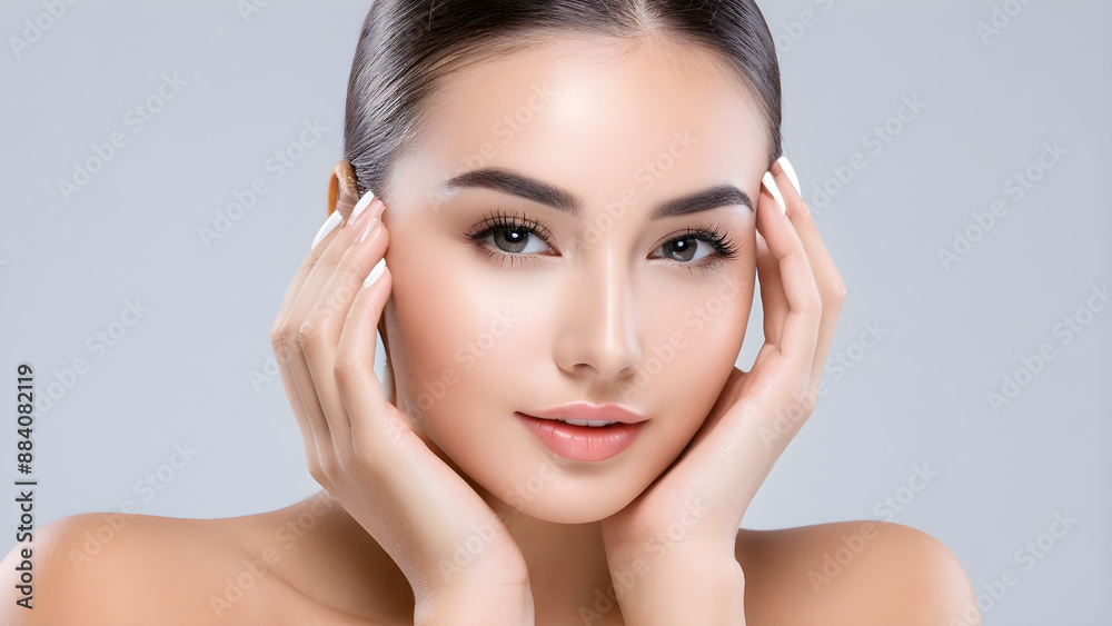 Gorgeous model with clear skin, skincare products advertisement, cosmetic commercial concept photoshoot, beauty model, ai generated Gorgeous model with clear skin, skincare products advertisement, cosmetic commercial concept photoshoot, beauty model, ai generated