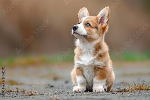 Adorable Puppy Sitting in a Grassy Outdoor Environment © natasya
