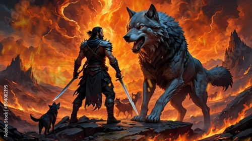 Warrior facing a giant wolf in a fiery landscape, showcasing a dramatic and intense fantasy battle scene. Seamless looping 4k timelapse virtual video animation background generated AI photo