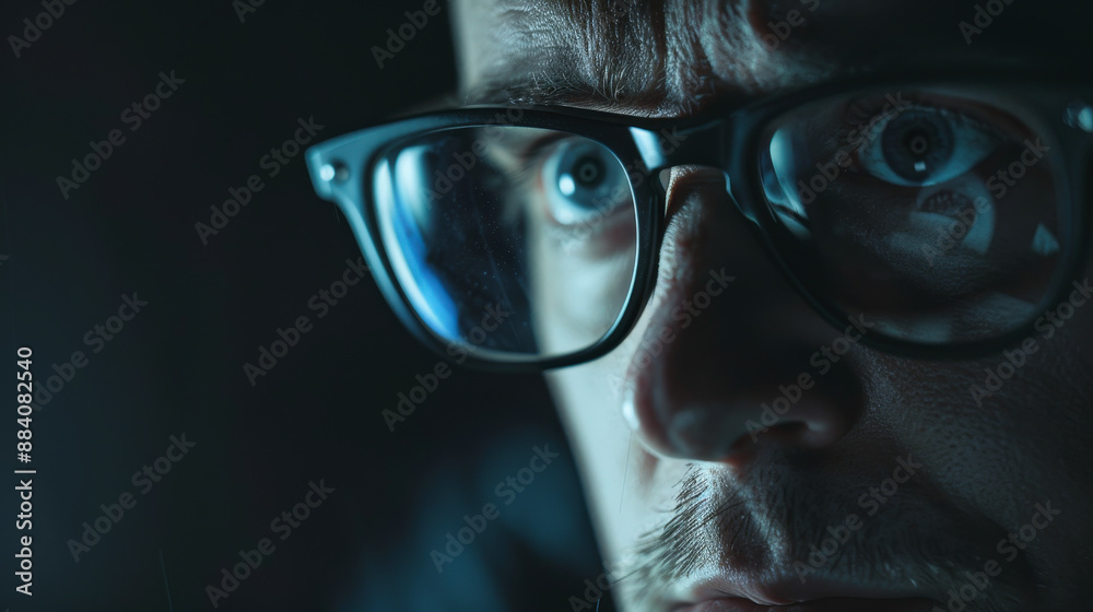 A close-up photo of a person wearing glasses, intensely focused on something, with reflections in the lenses and a dark background. A close-up photo of a person wearing glasses, intensely focused on something, with reflections in the lenses and a dark background.
