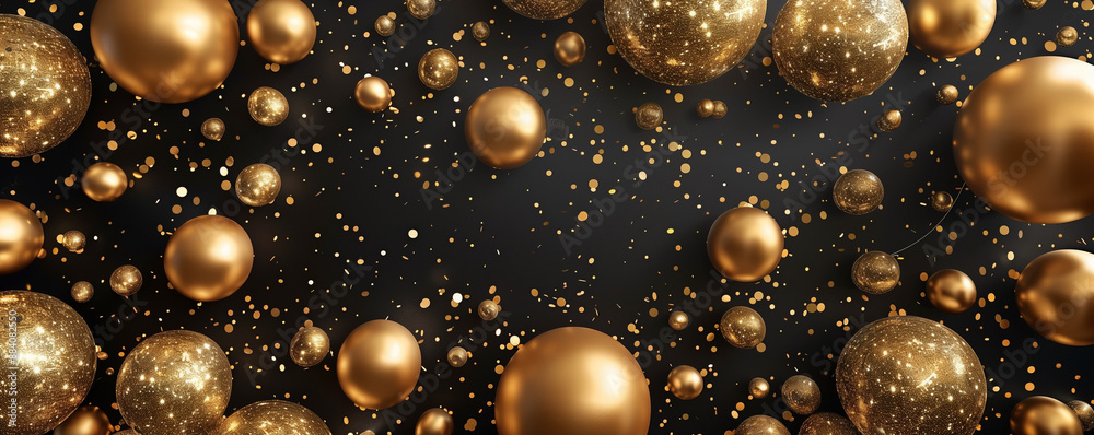 Luxurious golden balloons and sparkling confetti on a black background, perfect for celebrating special occasions in a stylish manner Luxurious golden balloons and sparkling confetti on a black background, perfect for celebrating special occasions in a stylish manner