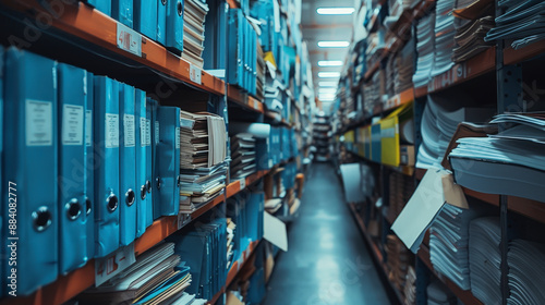 A densely packed archive room with numerous shelves filled with organized files, folders, and documents stretching into the distance. photo